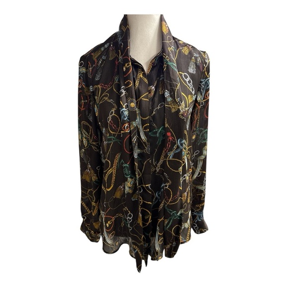 ZARA Chain Detail Button Blouse with Tie Neck Sz M - Picture 4 of 10